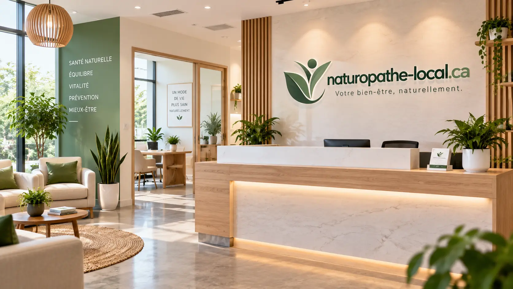 Aire d'accueil lumineuse d'une clinique de naturopathie, comptoir de bois et plantes vertes