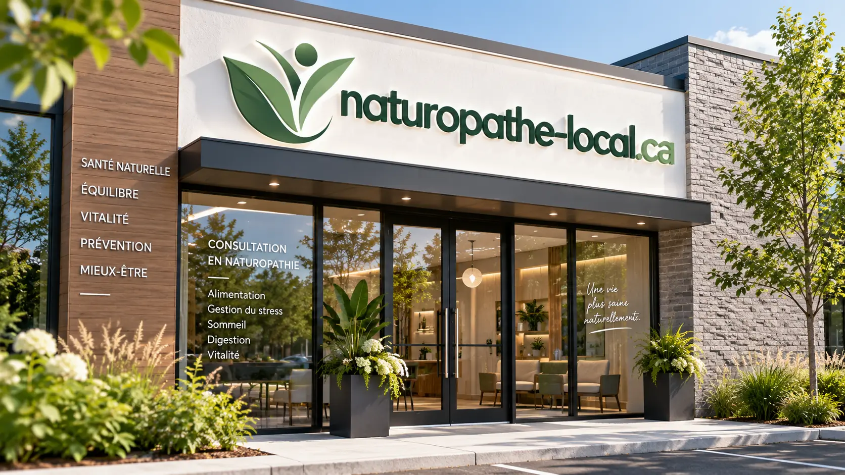 Façade d'une clinique de naturopathie avec vitrine et aménagement paysager