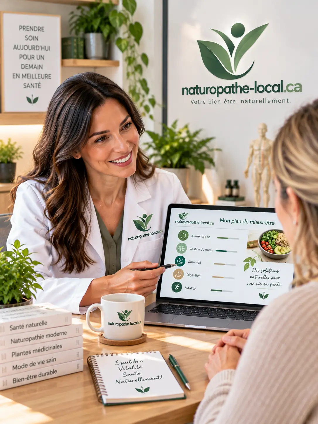 Naturopathe présentant un plan de mieux-être sur un ordinateur portable