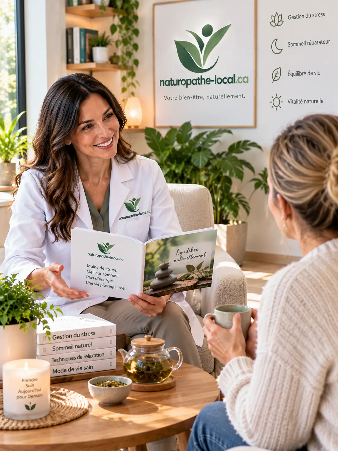 Naturopathe et cliente autour d'une tisane dans un coin salon lumineux