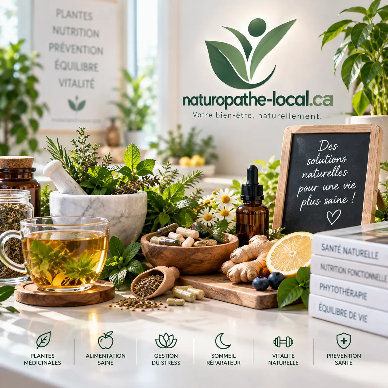 Tisane, plantes fraîches, gingembre et agrumes sur un comptoir lumineux